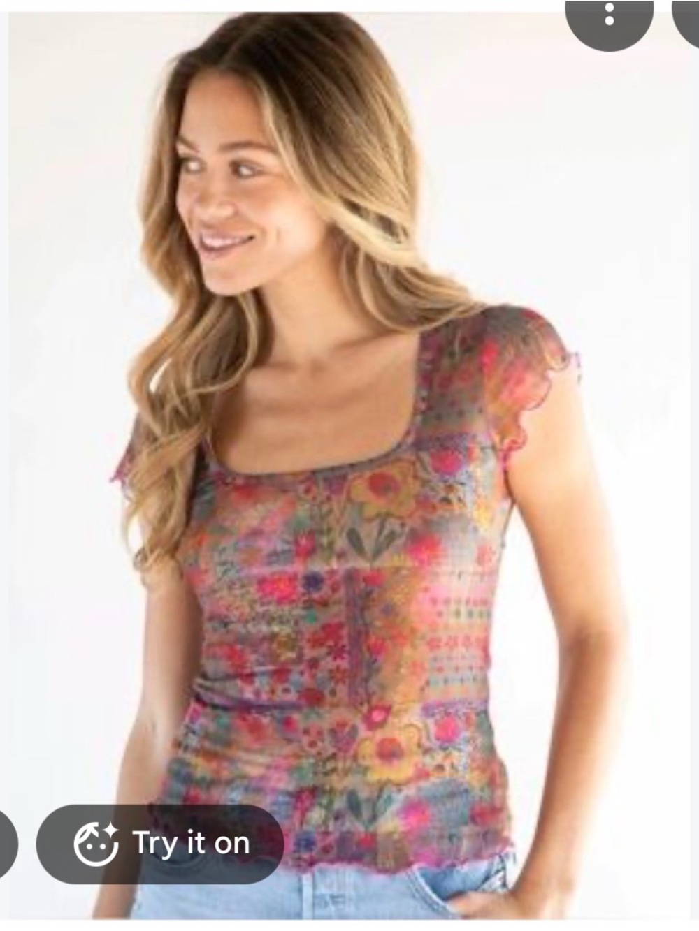 Natural life Floral Mosaic Scoop Neck Cap-Sleeve Top in Multicolor